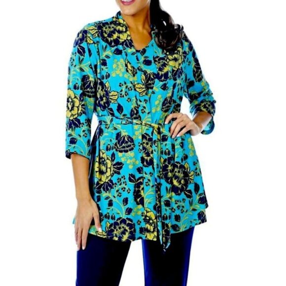 New Kim & Co Turquoise Floral Belted Lightweight Cardigan Size XS bin 3H - Picture 1 of 4